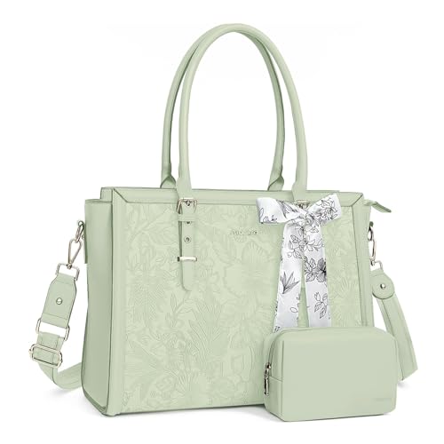 MOSISO Laptop Bag for Women, 17-17.3 inch PU Leather Tote Bag Compatible with MacBook, HP, Dell, Asus Notebook, Front Embossed Retro Hibiscus Computer Bags with Silk Scarf&Clutch Purse, Sage Green - color: Sage Green, size: 17.3 inch