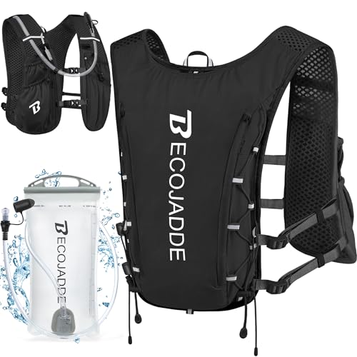 BECOJADDE Running Vest Hydration Backpack for Men Women, 5L Lightweight Running Backpack Hydration Pack for Marathon, Trail, Cycling, Hiking, Jogging - color: Jet Black, size: 5l Running Vest With One 1.5l Water Bag