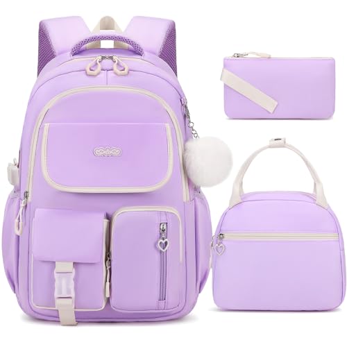 DIGOBAY Backpacks for Girls, 3PCS School Backpack with Lunch Box Pencil Pouch for Teen Girls Kids Elementary Primary Middle High College Daypack School bag Bookbag Set（Purple） - color: Purple