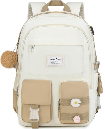 YAMTION School Backpack for Teen Girls,15.6in Laptop Backpack Kids Bookbag for Middle School College Students,Cute School Bag for Women (Khakibeige, Fits 15.6in Pc) - color: Khakibeige