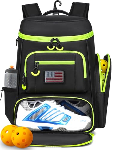 HAMBOLY Premium Pickleball Bag for Men & Women — Large Pickleball Backpack with Padded Paddle Pocket & Shoe Compartment, Tournament Ready with Insulated Cooler & Fence Hook - color: Black + Green