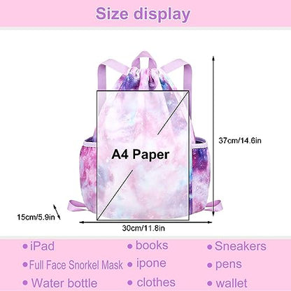 RHCPFOVR Drawstring Backpack for Kids - Mermaid Bags for Girls Gym Dance Beach Swim Travel Bag With Two Water Bottle Holde - color: Galaxy