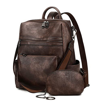 AGLOD Leather Backpack Purse for Women Designer Ladies Shoulder Bag Fashion Faux Work Travel Handbags - color: Kcus22001-coarse Grain Two-tone Coffee