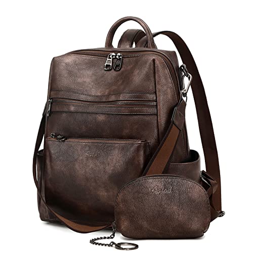 AGLOD Leather Backpack Purse for Women Designer Ladies Shoulder Bag Fashion Faux Work Travel Handbags - color: Kcus22001-coarse Grain Two-tone Coffee