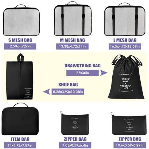 8 Set Packing Cubes For Travel-Travel Essential Carry On Luggage Organizer,Bring Laundry Bag, Shoe Bag, Clothing And Underwear Bag (Black) - color: Black