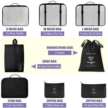 8 Set Packing Cubes For Travel-Travel Essential Carry On Luggage Organizer,Bring Laundry Bag, Shoe Bag, Clothing And Underwear Bag (Black) - color: Black