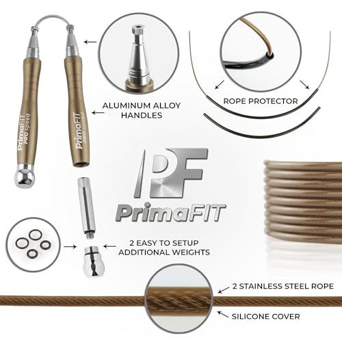 PrimaFIT Jump Rope Pro Speed Skipping Rope Adjustable Adult Jumping Rope Weighted Aluminium Handles for Double Dutch Boxing Workout Crossfit Exercise Fitness Spare Cable Weights Protectors Carry Bag - color: Bronze
