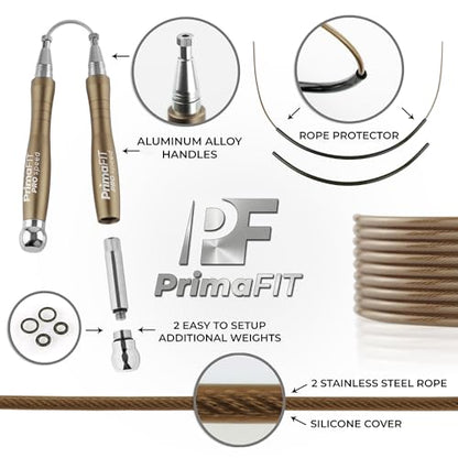 PrimaFIT Jump Rope Pro Speed Skipping Rope Adjustable Adult Jumping Rope Weighted Aluminium Handles for Double Dutch Boxing Workout Crossfit Exercise Fitness Spare Cable Weights Protectors Carry Bag - color: Bronze