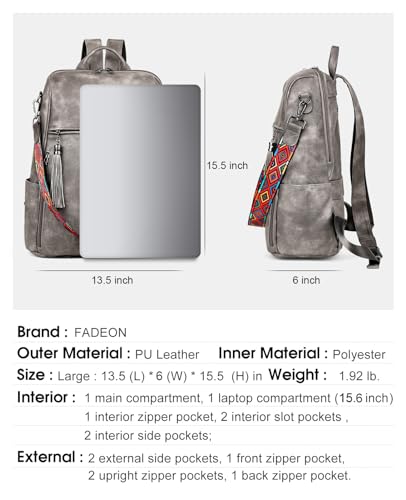 FADEON Leather Laptop Backpack for Women Designer 15.6 inch PU Laptop Bag, Ladies Travel Computer Work Backpack Grey - color: Charcoal Grey Retro Style