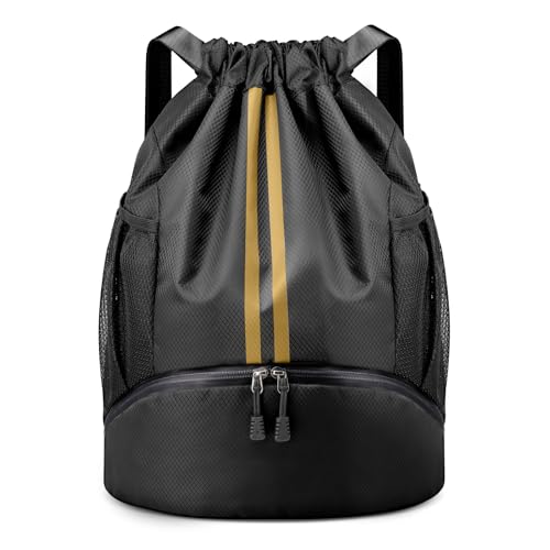 PinCute Drawstring Backpack for Women Men, Gym Bag for Soccer, Basketball, Swim, Beach, Water-Resistant Sports Backpack with Wet Pocket and Shoe Compartment, Black Gold - color: Black Gold