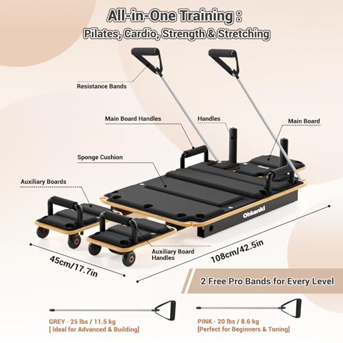 Pilates Reformer Board for Home Workout, 5-in-1 Pilates Equipment , Maple Wood Deck & High-Strength Steel Rails, Adjustable 20 lbs & 25 lbs Resistance Bands, Full-Body Training