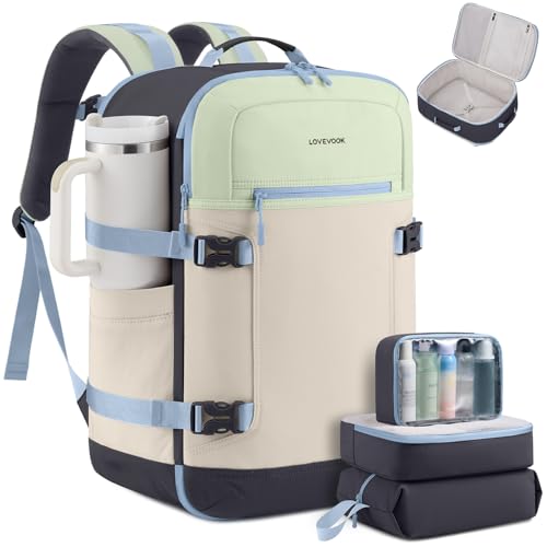 LOVEVOOK 40L Travel Backpack for Women & Men, Airline Approved Carry On Backpack with 3 Packing Cubes, TSA Personal Item Bag, Waterproof Weekender Overnight Backpack Fits 17" Laptop - color: Fresh Green - Beige - Dark Gray, size: Large-40L-4Pcs