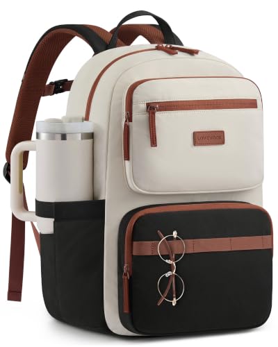 LOVEVOOK Laptop Backpack for Women, School Backpack for Teen Girls with Large Cup Holder, Lightweight Bookbag for College,Work,Travel fits 15.6 Inch Laptop,Beige-Black-Brown - color: Black-white-brown-a, size: 15.6 Inch