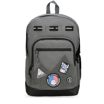 Swissdigital Design Big Student Laptop Backpack with Fun Personalized Patches For College Boys & Girls, Middle High School Teen Bookbag Cool Travel Daypack Grey- Includes 3 Patches | SD1718-03 - color: Dark Grey