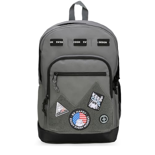 Swissdigital Design Big Student Laptop Backpack with Fun Personalized Patches For College Boys & Girls, Middle High School Teen Bookbag Cool Travel Daypack Grey- Includes 3 Patches | SD1718-03 - color: Dark Grey