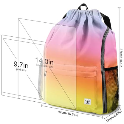 Drawstring Backpack with Mesh Pockets String Gym Bag Sackpack Sandproof Water Resistant Beach Backpack for Men Women - color: Gradient Rainbow