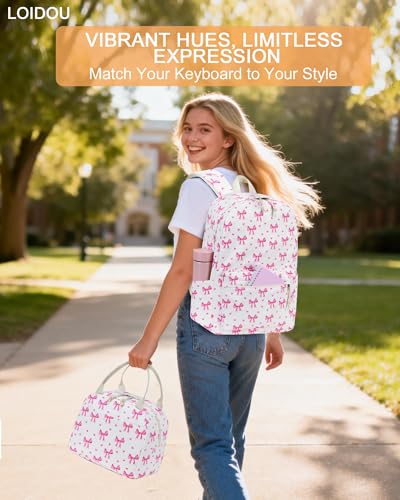 LOIDOU Backpack for Teen Girls Bookbags School Backpack with Lunch Box and Pencil Case 3 in 1 School Bags Set - color: Bow Tie Pink Beige