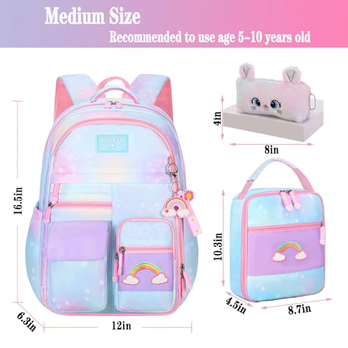 Jcobvig 3Pcs Kids Backpack For Girls,Cute Rainbow Student School Backpack With Lunch Bag Pen Bag Set (Blue Medium 16.5in - color: Blue, size: Medium