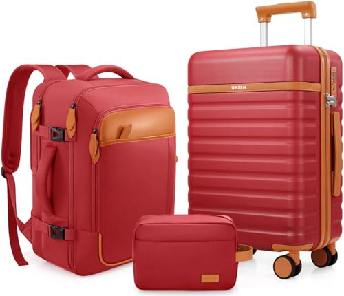 UKEIN Luggage Sets 3 Piece, PC Hardside Large Luggage 24 Inch With Spinner Wheels with TSA Lock, Carry On Suitcase Set With Travel Backpack for Men (Red, 3 piece set (24inch)) - color: Red, size: 3 piece set (24inch)
