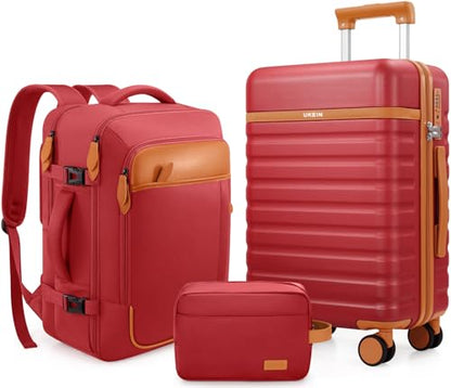 UKEIN Luggage Sets 3 Piece, PC Hardside Large Luggage 24 Inch With Spinner Wheels with TSA Lock, Carry On Suitcase Set With Travel Backpack for Men (Red, 3 piece set (24inch)) - color: Red, size: 3 piece set (24inch)
