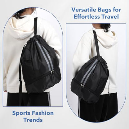 Drawstring Gym Bag with Shoe Compartment and Side Mesh Pockets, Waterproof Sports Drawstring Backpack, Wet and Dry Separation String Backpack for Women Men, Suitable for Fitness, Swimming, Football