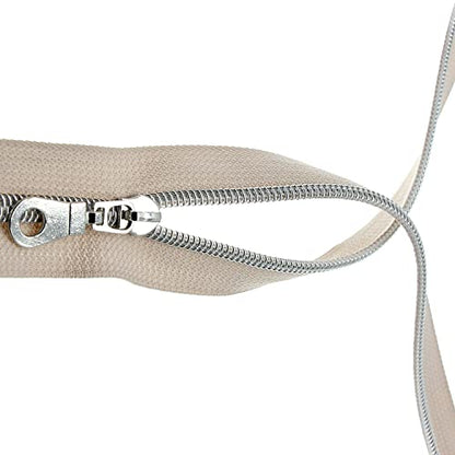 #5 Silver Metallic Nylon Coil Zipper by The Yard, Bulk 10 Yards Beige Zipper Tape Silver Teeth with 25PCS Silver Zippers Pulls for Sewing, Bags, Purses YIGUANXIN - color: Beige-Silver