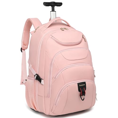 Boavan Rolling Backpack for Women, 17.3 Inch Wheeled Laptop Backpack,Large Travel Carry-On Bag for Teachers College Students, USB Charging Port Waterproof Business for Airplane Overnight Luggage，Pink - color: Pink, size: 17.3 inches