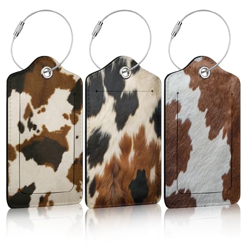 3 Pack Cowhide Brown Luggage Tags for Suitcase Animal Cow Skin PU Leather Travel Luggage Tag Privacy Cover ID Label for Women Men Baggage Backpack Handbag School Bag - color: Cowhide Brown