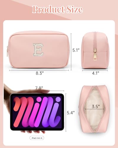 VLANDO Wedding Gifts Makeup Pouch Monogram Makeup Bag Cosmetic Bag,Gift Ideas for Bridesmaid Friend Sister Wife Preppy Things for Girls Letter E - color: 03-Pink-E