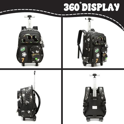 Rolling Backpacks for Boys School Backpacks with Wheels for Elementary Preschool Students Kids Travel Luggage Suitase for Boys Blake Football - color: B Black Football