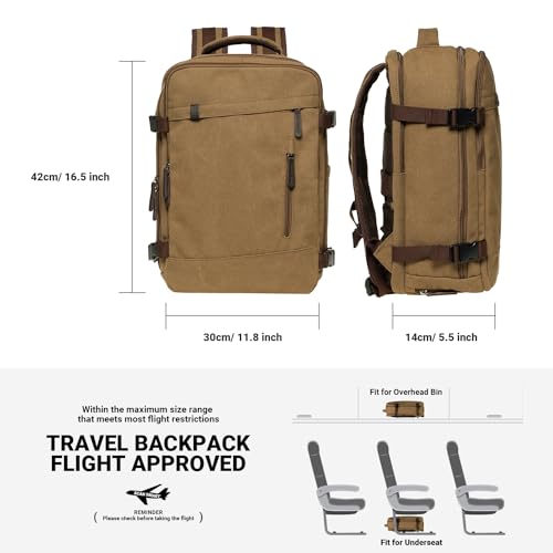 KAUKKO Thick Canvas Travel Backpack, Flight Approved Carry On Backpack with Shoe Pouch and 15.6 inch Laptop Compartment, 40L Luggage Casual Daypack Weekender Bag 10-KHAKI - color: 10-khaki