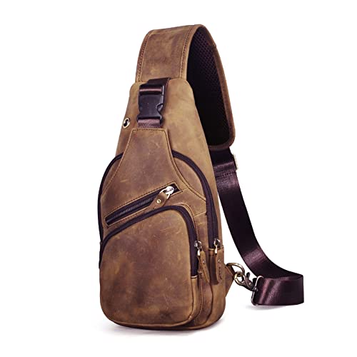 Le'aokuu Men Fashion Casual Tea Designer Travel Hiking Crossbody Chest Sling Bag Rig One Shoulder Strap Bag Men Leather 8015 | Fashion - color: C Brown