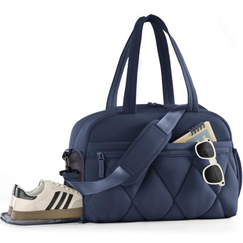Gym Bag for Women, Puffer Travel Duffle Bag With Shoes Compartment & Wet Pocket, Carry On Tote Bag For Weekender, Overnight, Sport (Navy, Medium) - color: Navy, size: Medium