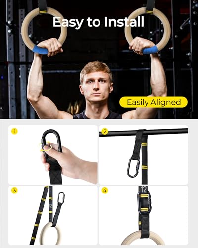 PACEARTH Gymnastics Rings 32mm Wooden Olympic Rings Support 1500lbs Locked Carabiners 9ft Double-Layer Numbered Straps Non-Slip Gym Rings with Foot Straps Door Anchor for Home Gym Full Body Workout - style: 02-1.25" Buckle Rings & Straps Set