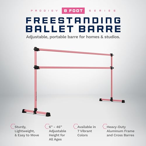 VITA Barre Portable Freestanding Double Ballet Barre, Prodigy, Aluminum | Adjustable Height, USA Made, Home or Gym Exercise Equipment for Kids & Adults | Dance, Fitness, Pilates - color: Light Pink, style: 8 Ft