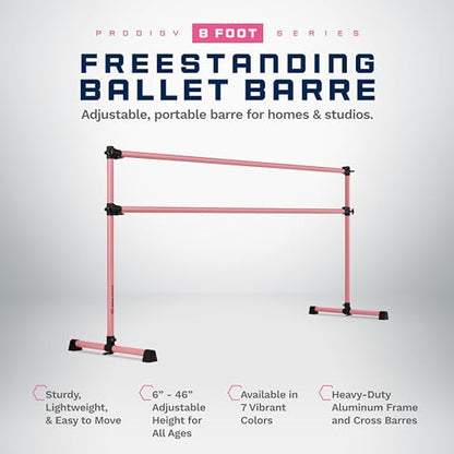 VITA Barre Portable Freestanding Double Ballet Barre, Prodigy, Aluminum | Adjustable Height, USA Made, Home or Gym Exercise Equipment for Kids & Adults | Dance, Fitness, Pilates - color: Light Pink, style: 8 Ft