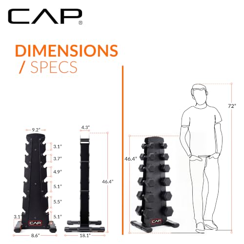 CAP Rubber Coated Hex Dumbbell Set with Storage Rack | 100–210 lb Options, Space-Saving Vertical Compact Storage for Home Gym Strength Training - size: 210 lb - Set - Black Rack, style: Comfort Handle