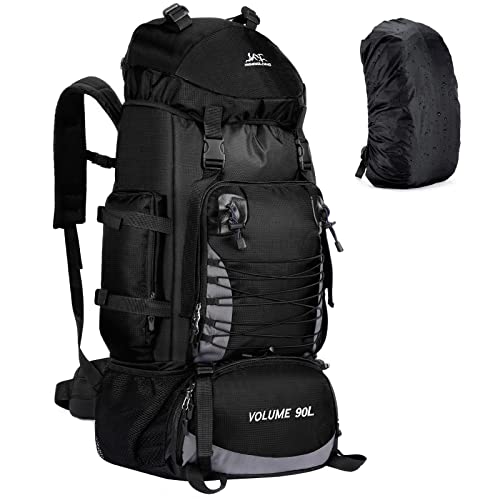 90L Hiking Backpack, Waterproof Camping Bag with Rain Cover, Lightweight Backpacking Back Pack - color: Black