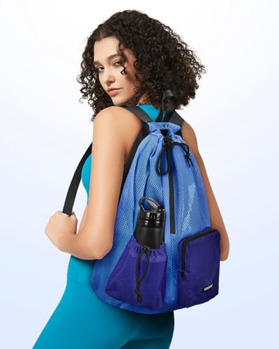 WANDF Swim Bag for Swimmers, Mesh Beach Backpack - color: Blue With 2 Front Pockets, size: Large