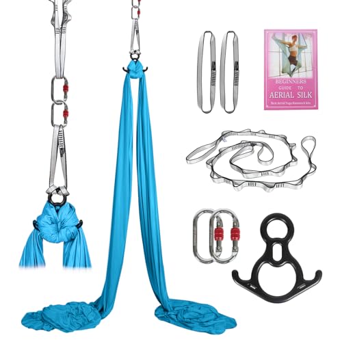 Aerial Silks Kit & Aerial Yoga Hammock - 11Yd Premium Fabric with Hardware - Easy Setup for Flying Yoga, Aerial Swing & Fitness - Supports Up to 14ft Rigging - color: Light Blue