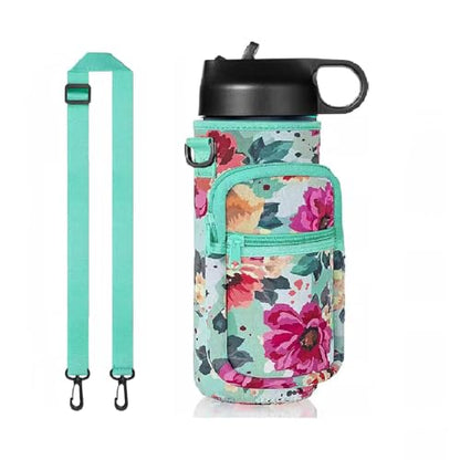 Water Bottle Holder with Strap, Insulated Crossbody Sling Bag, Carrier with Phone Pocket for Walking Hiking Camping Fishing - color: Flower Green, size: 40oz