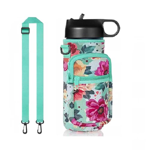 Water Bottle Holder with Strap, Insulated Crossbody Sling Bag, Carrier with Phone Pocket for Walking Hiking Camping Fishing - color: Flower Green, size: 40oz
