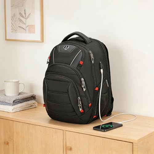 Swissdigital Design Men's Laptop Backpack for College and Business Travel with Integrated USB Charging Port and RFID Protection Fits Laptops up to 15.6 in, Black | J14-BR - color: Black