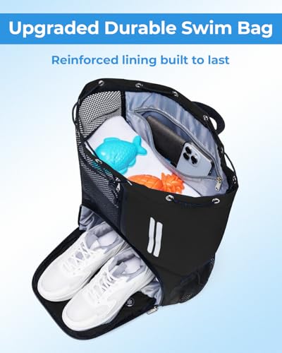 Swim Bag Mesh Drawstring Backpack with Shoe Compartment & Wet Pocket Waterproof Beach Backpack Pool Bag for Swimming, Gym, Travel and Workout Gear (Black) - color: Black