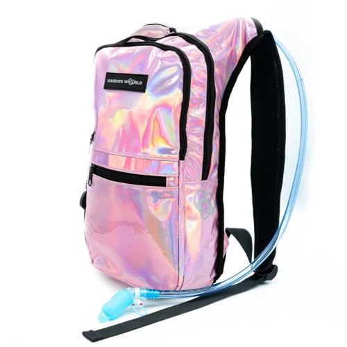 Kandies World Reflective Festival Hydration Pack - 2L Hydropack for Raves, Hiking, Biking, Running, and More (with Anti-Theft Pocket) - style: Pink Holographic