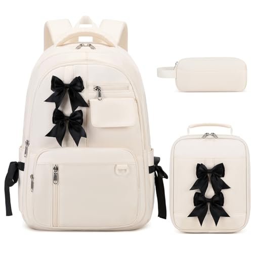 Bevalsa Backpack for Girls, Bow School Backpack for Kids with Lunch Bag & Pen Case, Cute Bookbag for Teens Girls Children for Elementary Middle High College Student, Back To School Gift (Beige) - color: Beige