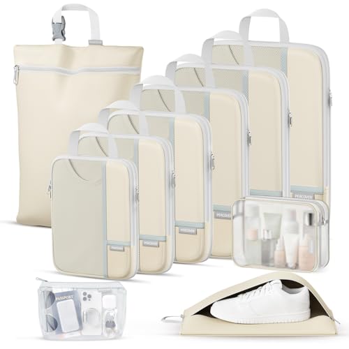 Percover Compression Packing Cubes for Travel, 10-Piece Structured Compression Organizer Set with Toiletry Bag, Laundry Bag & Shoe Bag for Carry-On & Checked Luggage, Beige - color: Beige, size: 10 Set