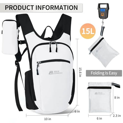 Hiking Backpack 10L/15L Small Daypack Lightweight Packable Travel Foldable Water Resistan for Women Men (White, 15L) - color: White, size: 15L