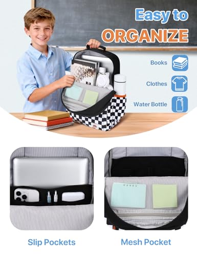 VASCHY School Backpack, Lightweight Classic Cute Aesthetic Bookbag Daypack for Teen Boys Girls Traveling/Gym/Middle School Black Plaid - color: Black Plaid-l, size: Large-17in