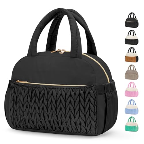 Coobiiya Quilted Puffer Insulated Lunch Bag Women Men, Cute Cotton-Like Taslan Lunch Box for Women Men, Thermal Waterproof Cooler Bag Large Capacity for Work Picnic Travel（Black） - color: Black Woven Cotton